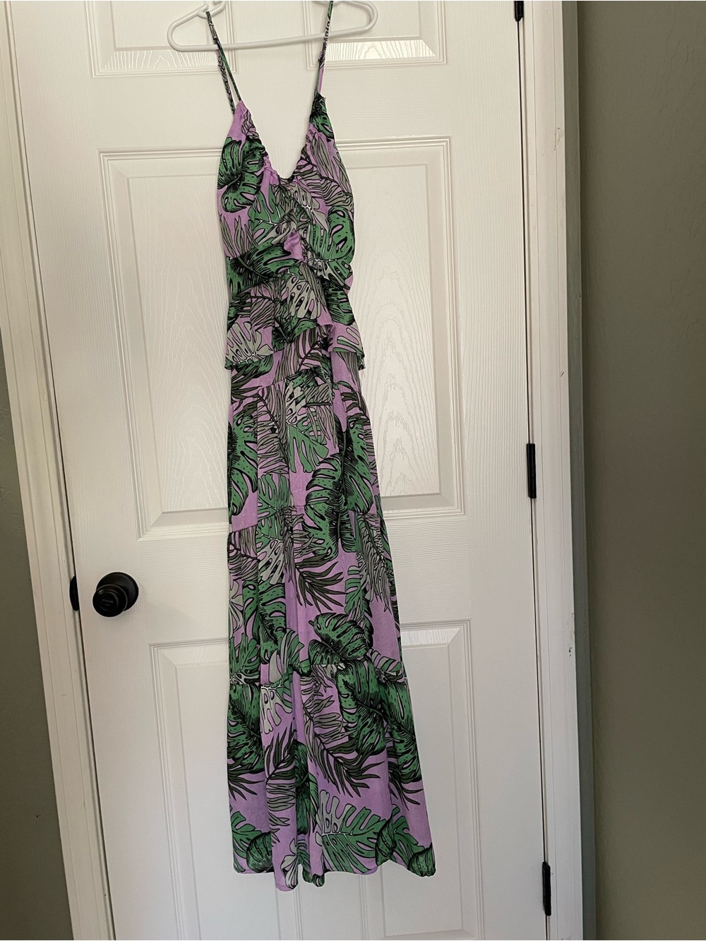 NSR Lavender Maxi Dress with Green Tropical Leaf Print